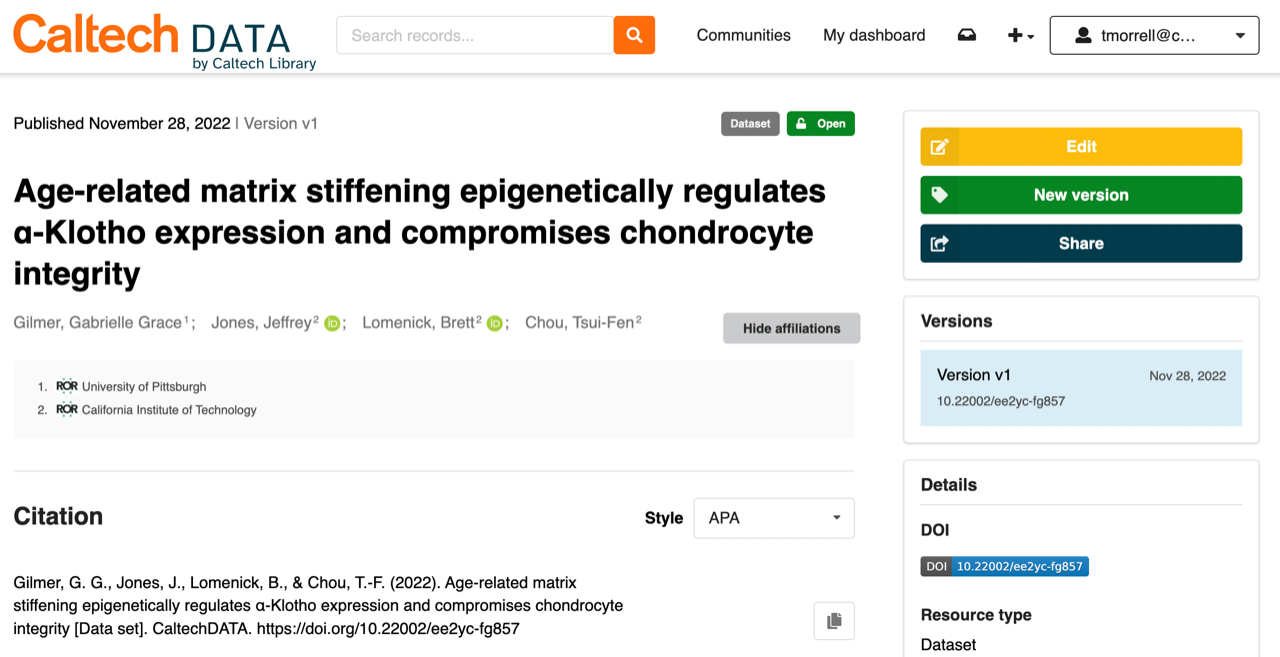 An item in CaltechDATA showing author affiliations powered by ROR