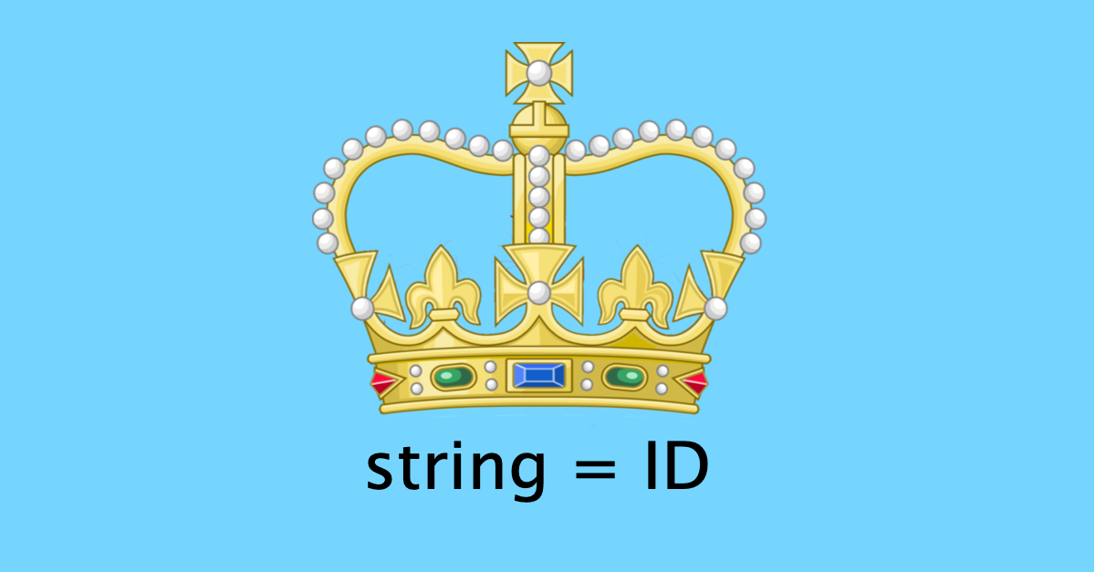 An elaborate crown on top of the words string = id on a bright blue background