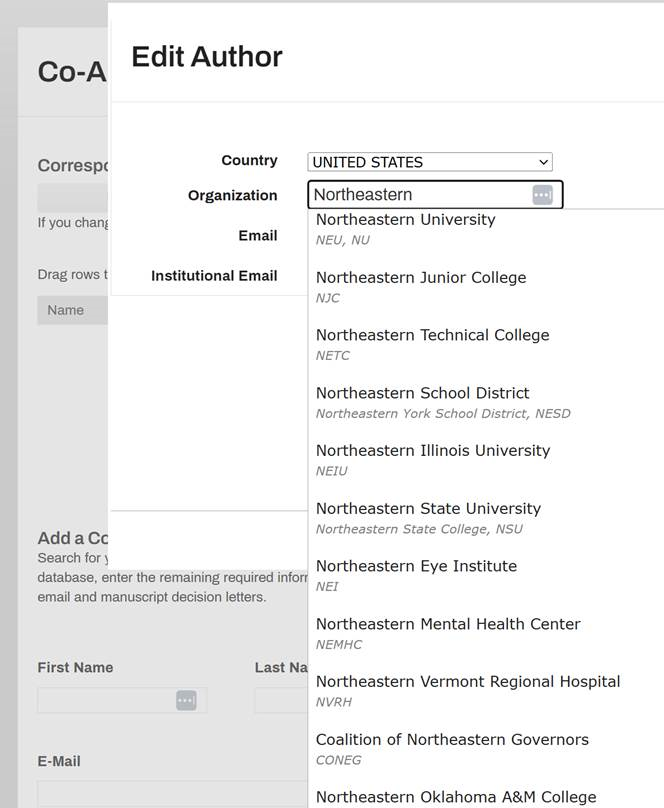 ROR-powered organization pick list in Optica Publishing Group manuscript submission interface