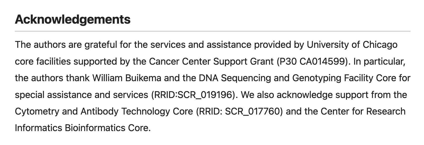 Acknowledgements of support from core facilities in the article https://doi.org/10.1038/s41375-021-01491-z, best tracked with RRID