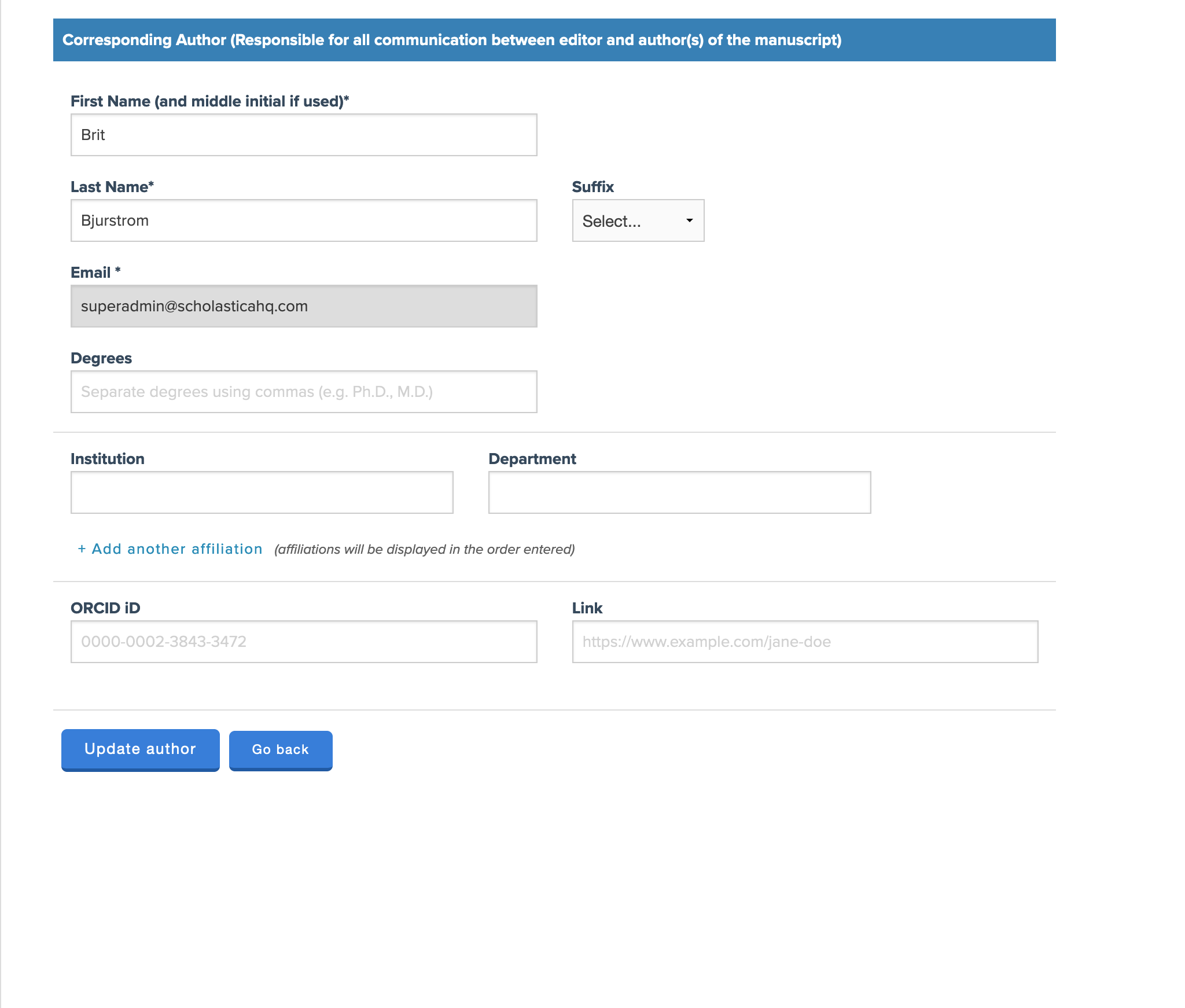 Scholastica Peer Review manuscript submission form